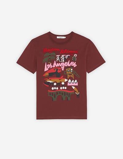 Burgundy Men's Maison Kitsune Bill Rebholz La Classic T Shirts | AU-K0766