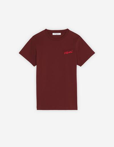 Burgundy Women's Maison Kitsune Mini Handwriting Classic T Shirts | AU-M0214