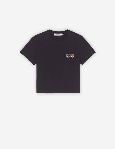 Dark Grey Women's Maison Kitsune Double Fox Head Patch Cropped T Shirts | AU-C0985