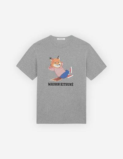 Grey Men's Maison Kitsune Frenchie Dressed Fox Print Classic T Shirts | AU-C0550