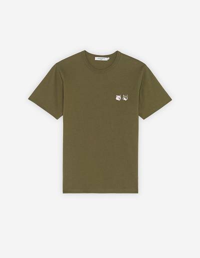 Khaki Grey Men's Maison Kitsune Double Monochrome Fox Head Patch Classic T Shirts | AU-Z0668