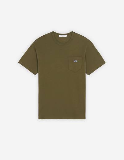 Khaki Grey Men's Maison Kitsune Navy Fox Patch Classic Pocket T Shirts | AU-S0444