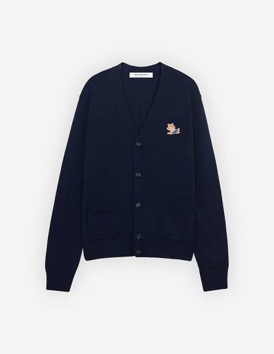 Navy Men's Maison Kitsune Frenchie Dressed Fox Patch Classic V-neck Cardigan | AU-B896