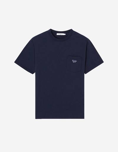 Navy Men's Maison Kitsune Navy Fox Patch Classic Pocket T Shirts | AU-P0413