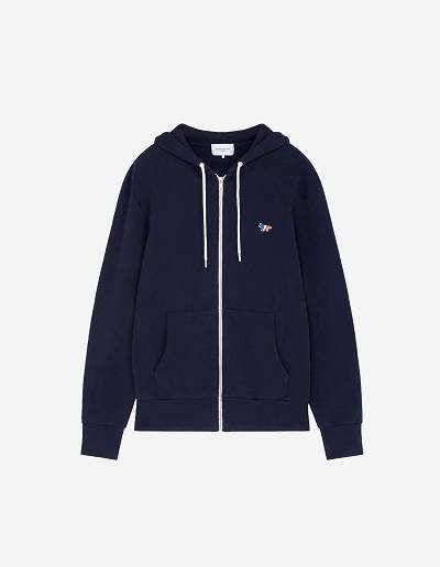 Navy Men's Maison Kitsune Tricolor Fox Patch Zip Hoodies | AU-S0821