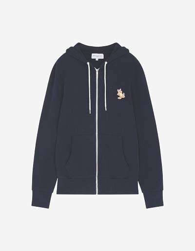 Navy Women's Maison Kitsune Chillax Fox Patch Zipped Hoodies | AU-S0154