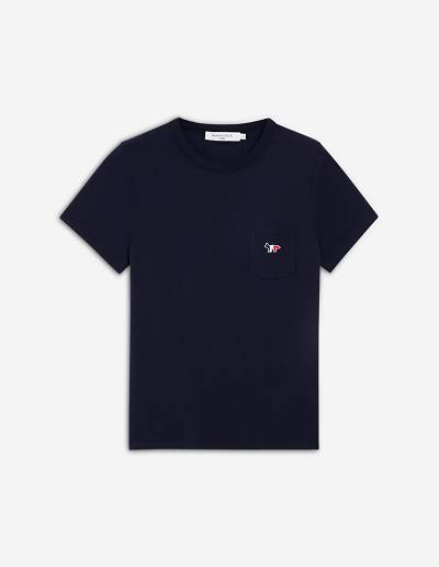 Navy Women's Maison Kitsune Tricolor Fox Patch Classic Pocket T Shirts | AU-H0279