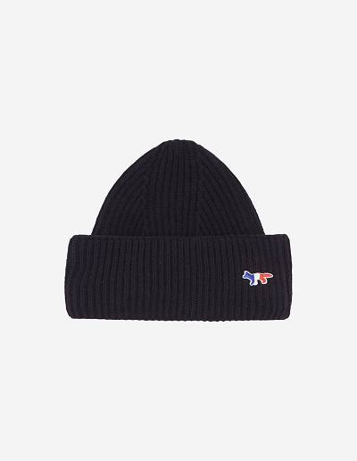 Navy Women's Maison Kitsune Tricolor Fox Patch Rib Hats | AU-M286