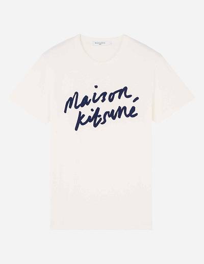 White Men's Maison Kitsune Handwriting Classic T Shirts | AU-X0203